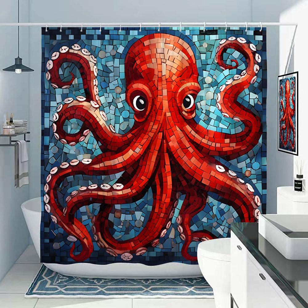 Octopus Bath Shower Curtain Nautical Ocean Sea Turtle Beach Coastal Navy Blue Fish Seashell Jellyfish Fabric Bath Curtains Bathroom Decor