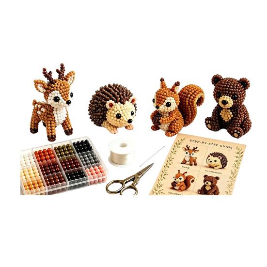 Fun Craft Activity Tiny 3D Beaded Animal Kit, Cute DIY Beading Kit with Colorful Beads and For Beginners Instructions, 4 Designs Handmade Jewelry Art