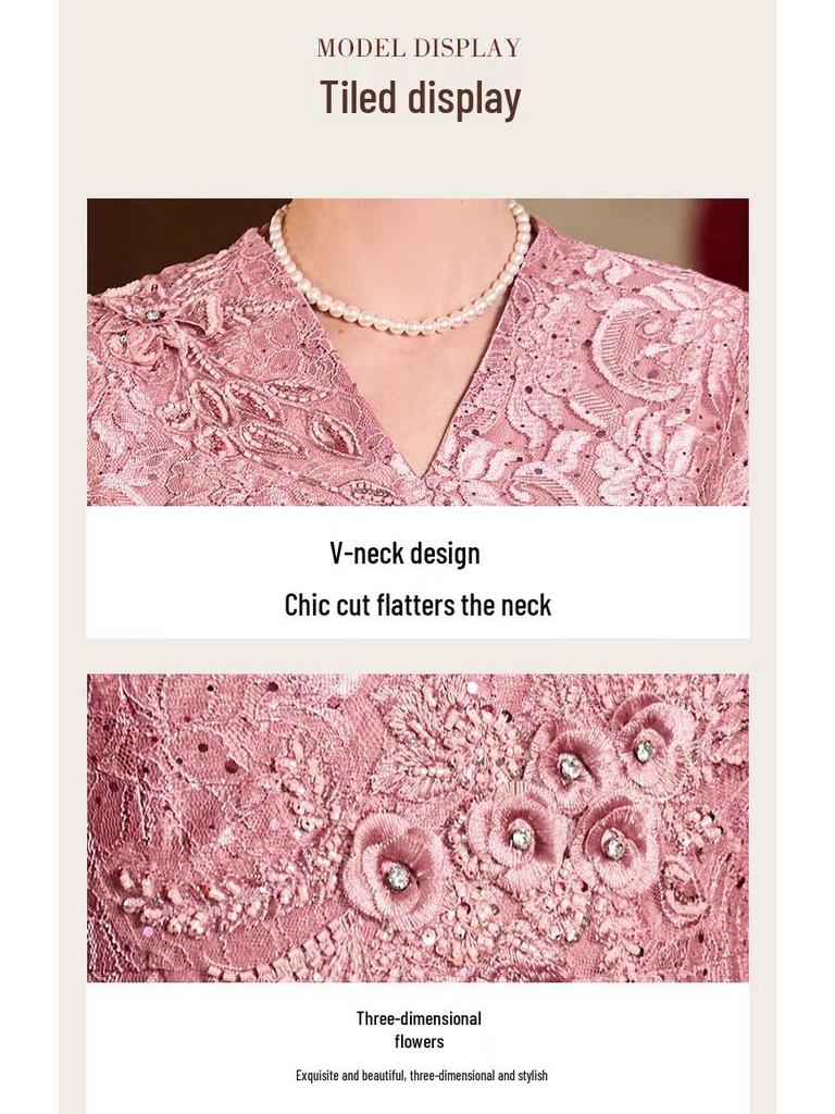 Pasit Платье для матери невесты в новом китайском стиле с V-образным вырезом и кружевной отделкой, имитирующее костюм-двойку