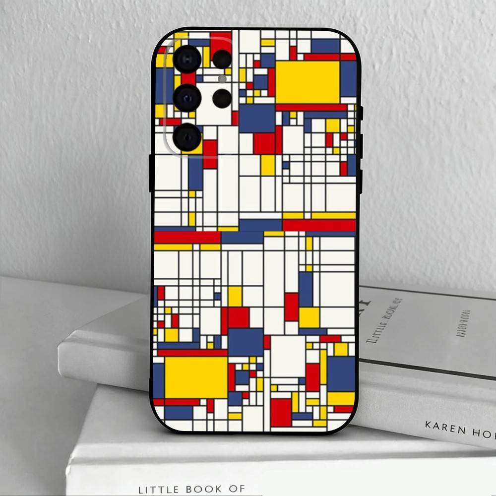 Grid T-TOPLBPCS M-Mondrian Phone Case For Samsung S25,24,23,22,30,21,10,9,Ultra,Plus,Lite,FE,4,5 G Soft Black Case