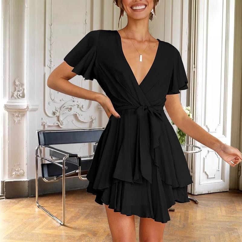 Летнее женское платье, однотонная юбка нерегулярной формы, темпераментное элегантное платье с v-образным вырезом и короткими рукавами