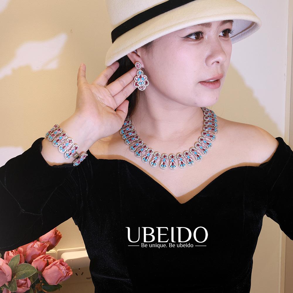 Elegant Pink Turquoise Bridal Necklace Set 3 Piece Vintage Filigree Lace Collar Wide Bracelet Dangle Earrings