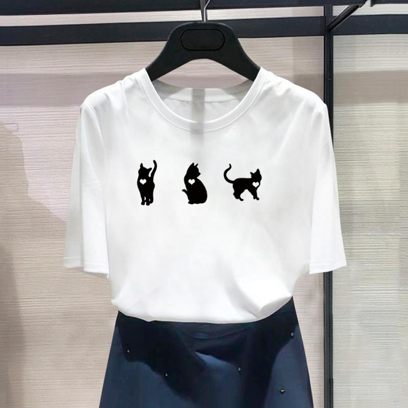 (Asian Size) Fashion Print Female Paw Love Cat Pet Dog Love Casual Women's Top Casual T Clothing Graphic Tee Short Sleeve T-shirt
