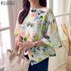 Women Casual Round Neck 3/4 Sleeve Loose Floral Print Blouse