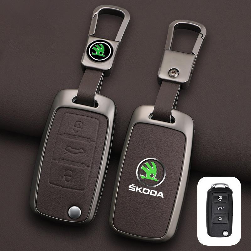 XOWS7 Zinc Alloy Leather Car Remote Key Case Cover Protector Shell Fob For Skoda Superb A7 Kodiaq Octavia A7 A8 Keychain Accessories