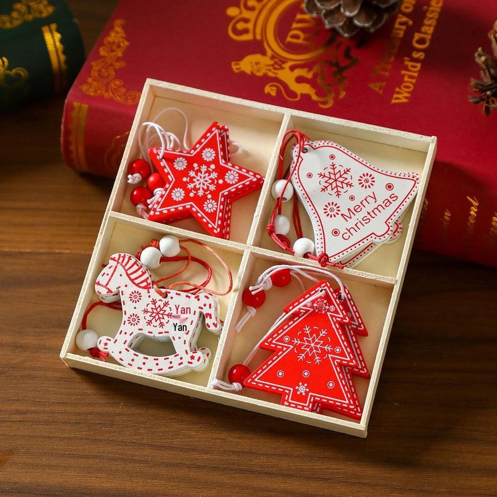Exquisite Wooden Christmas Tree Ornaments and Small Gift Box