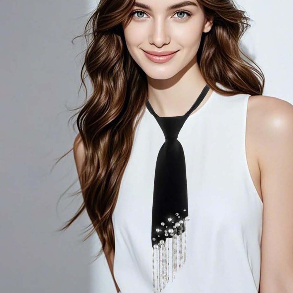 Korean Style Pearls Tie Black Decoration Shirt Tie Elegant Hand-beaded Long Necktie Students