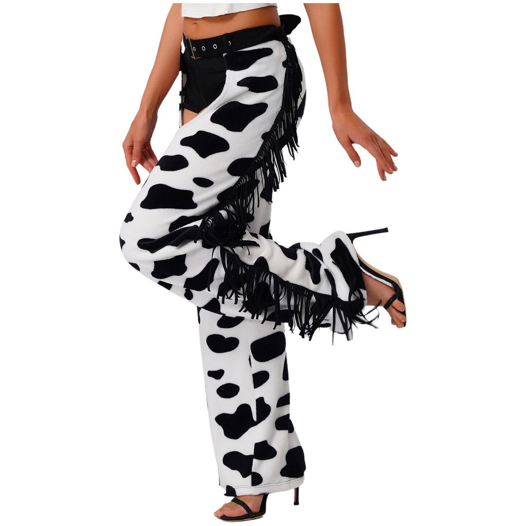 Womens Cow Spot Pattern Flannel Long Pants - with Side Tassel, Adjustable Waist, Open Crotch for Biking Riding Cowgirl Chaps Halloween Cosplay