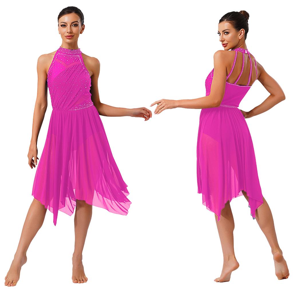 Премиальный костюм для лирического танца для женщин S-XXL Платье-халтер со стразами и сетчатой юбкой с оборками для соревнований и занятий