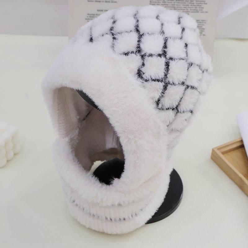 Модный клетчатый плюшевый теплый шарф-шапка цельный женский зимний для улицы, для велоспорта, ветрозащитный, для шеи, плюшевая шапка