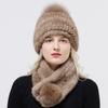 Зимний Теплый Женский Набор Шапка Шарф Вязаная Норковая Шерсть Закрытая Помпон Шапка Шарф Натуральный Мех Высокое Качество