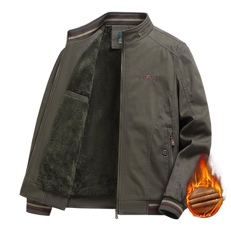 Casual Dad's Outdoor Cotton Washed Jacket Fleece Thickened Tooling Stand-Up Collar Parker Jacket