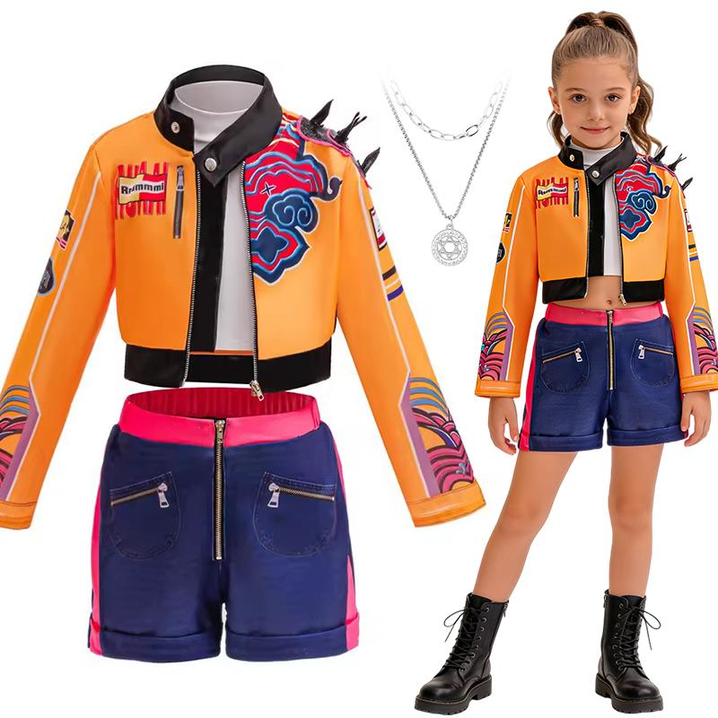 Костюм для косплея K-pop певицы-охотницы для девочек, костюм для дня рождения, сценический костюм, 4-piece Хэллоуинский костюм для детей