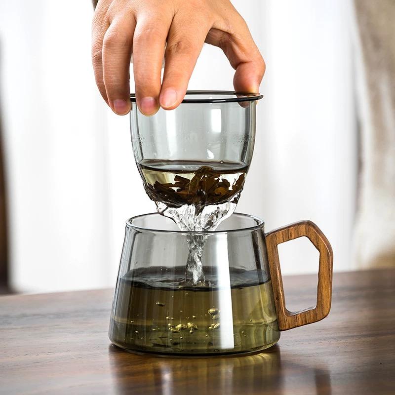 340ml High Borosilicate Glass Tea Cup With Infuser And Lid For Loose Leaf Tea Wood Handle Blooming Tea Diffusers Filter Mug
