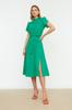 Women's Fashion Green Belted Skater Waist Sleeve Detailed Midi Woven Dress