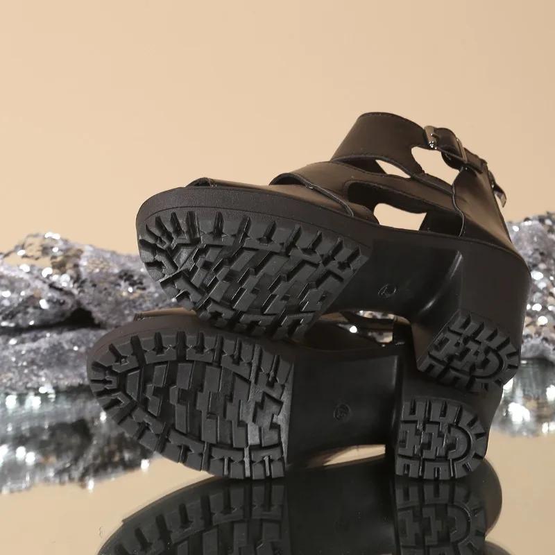 Мода 2025 Лето Женские Босоножки с Открытым Носком Платформа Пряжка Массивный Каблук Задняя Молния Сандалии для Больших Размеров Мода Ретро Повседневная Обувь для Платья