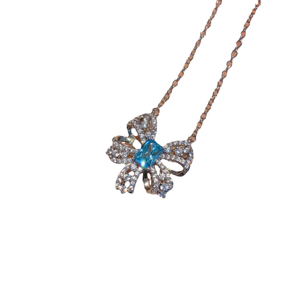 Sea Blue Diamond Bow Bone Chain Necklace Women, Blue Simple Stud Earrings Ring Jewelry Set