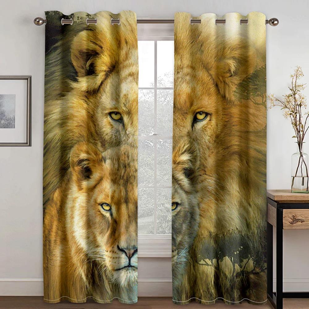3D Digital Print Cheap Custom Animal Lion Tiger Two Thin Window Curtains for Living Room Bedroom Kitchen Office Decor 2 Pieces