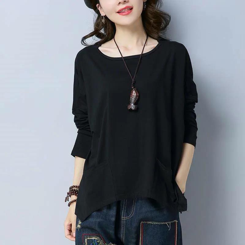 Летняя женская футболка большого размера с длинным рукавом, повседневный свободный пуловер, однотонная рубашка
