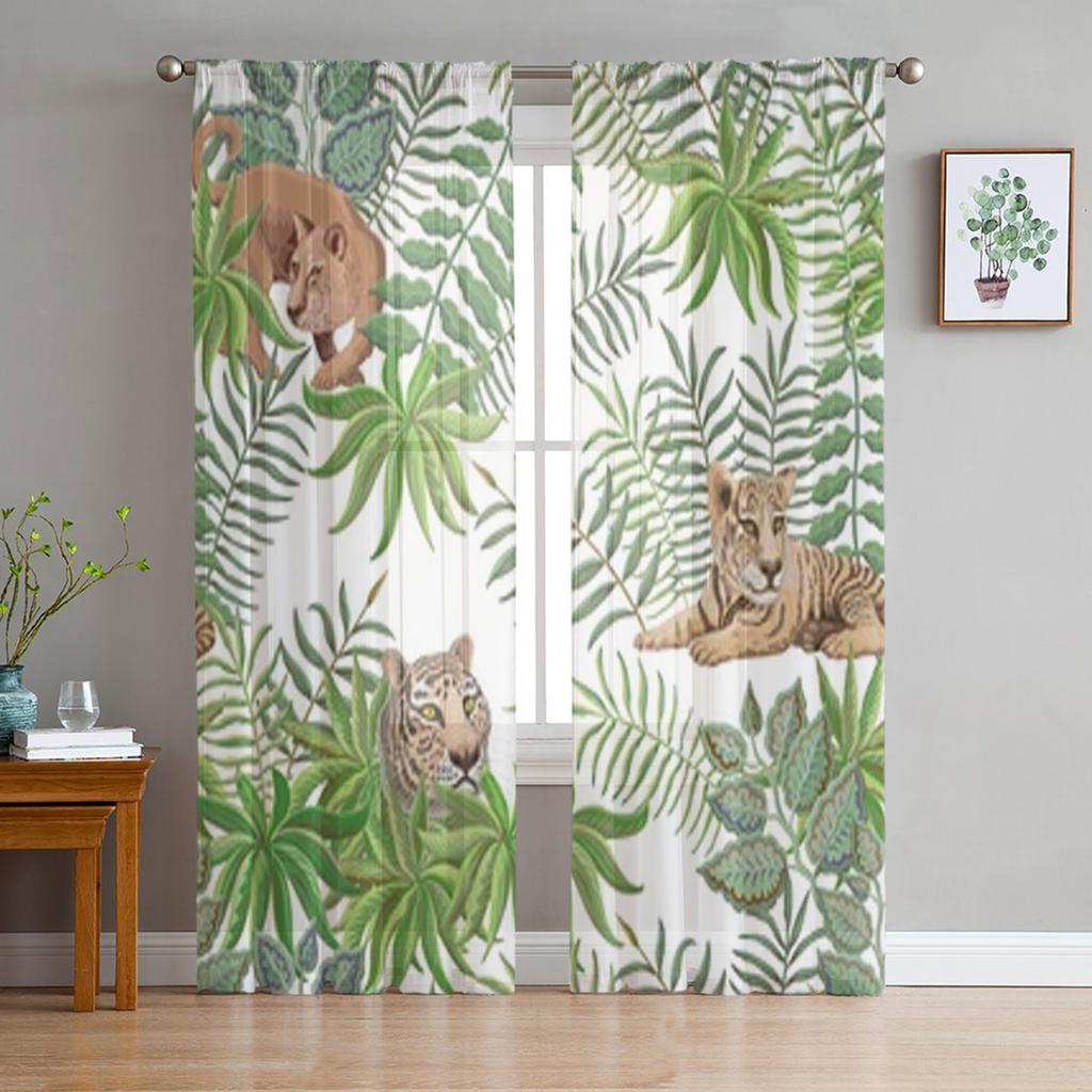 Jungle Tropical Safari Animal Elephant Sheer Window Curtains For Living Room Bedroom Voile Tulle Curtains Drapes For Kitchen