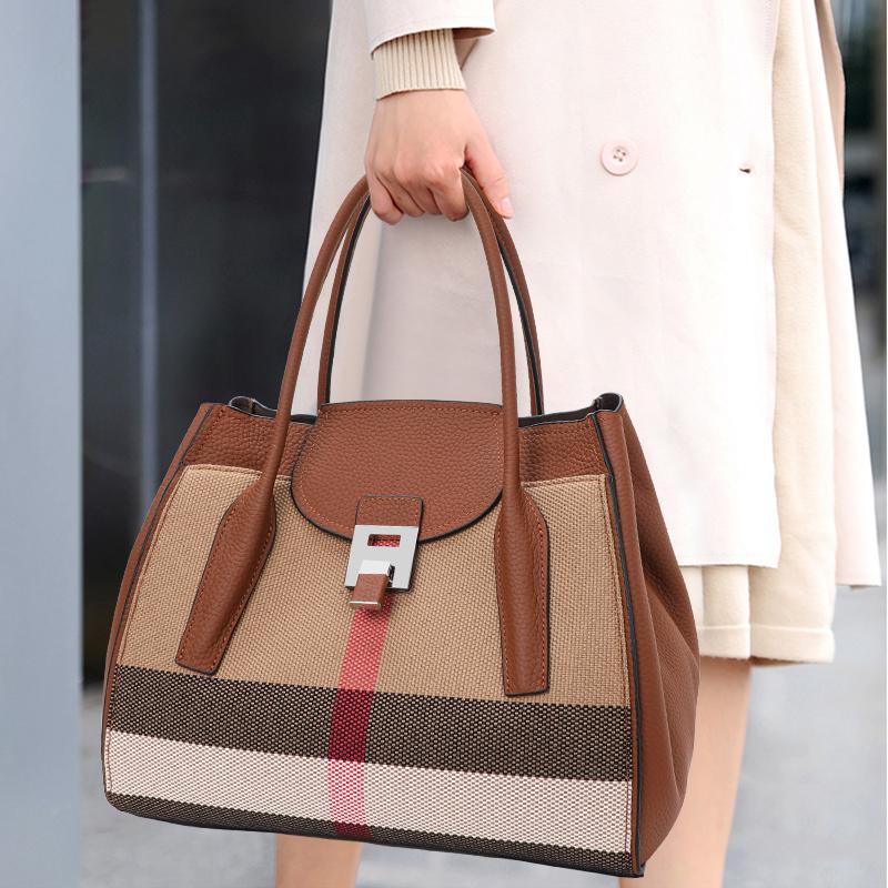 Новая женская винтажная клетчатая сумка большой вместимости, повседневная универсальная сумка из холста и коровьей кожи
