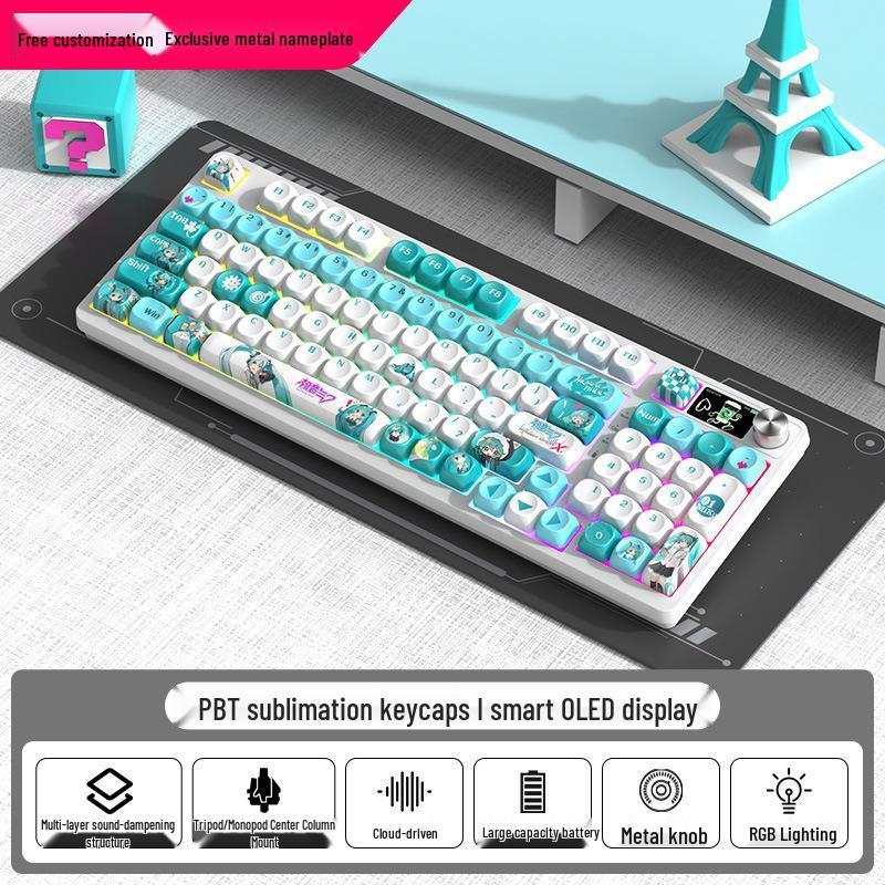 98-клавишная RGB беспроводная Bluetooth механическая клавиатура с тройным режимом - Игровая, для киберспорта и офиса, с настраиваемым экраном