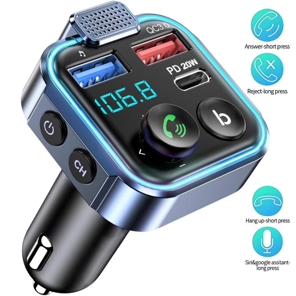 Автомобильное зарядное устройство Bluetooth 5.3 Передатчик, QC3.0+PD Быстрая зарядка, Громкая связь, HiFi стерео звук, Светодиодная подсветка, Для iPhone/Samsung