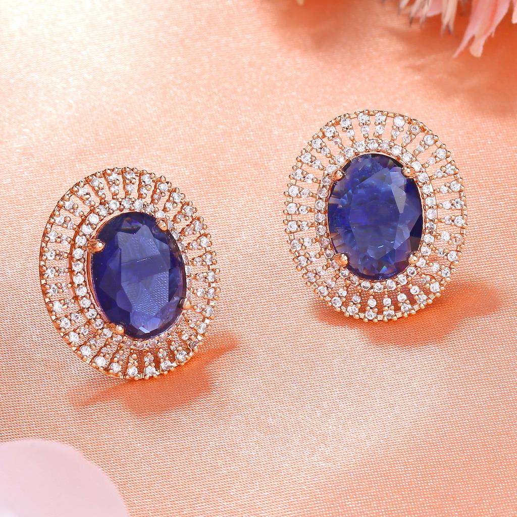 Estele Rose Gold Plated Round Stud Earrings with CZ and Blue Stones for Women
