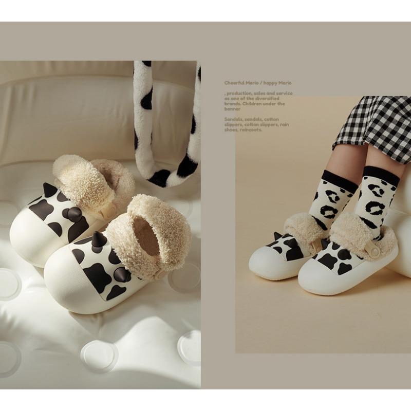 Модные новые детские хлопковые тапочки с рисунком коровы, теплые и водонепроницаемые, осенне-зимняя обувь для девочек из хлопка
