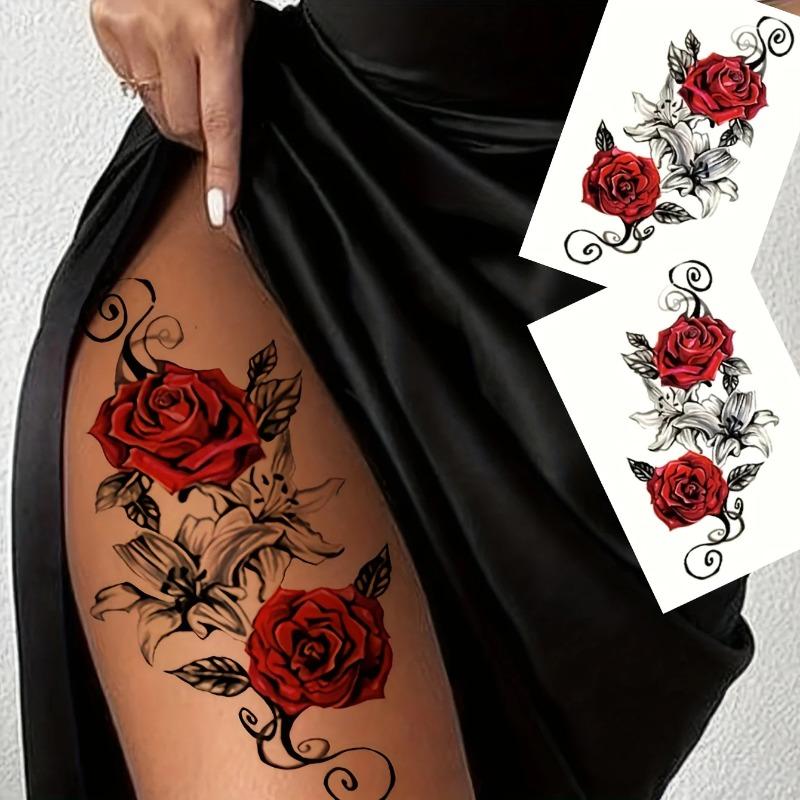 Red Temporary Rose Flower Arm & Leg Tattoo Stickers, Stripper Chest & Thigh Design, Waterproof, Perfect For Women