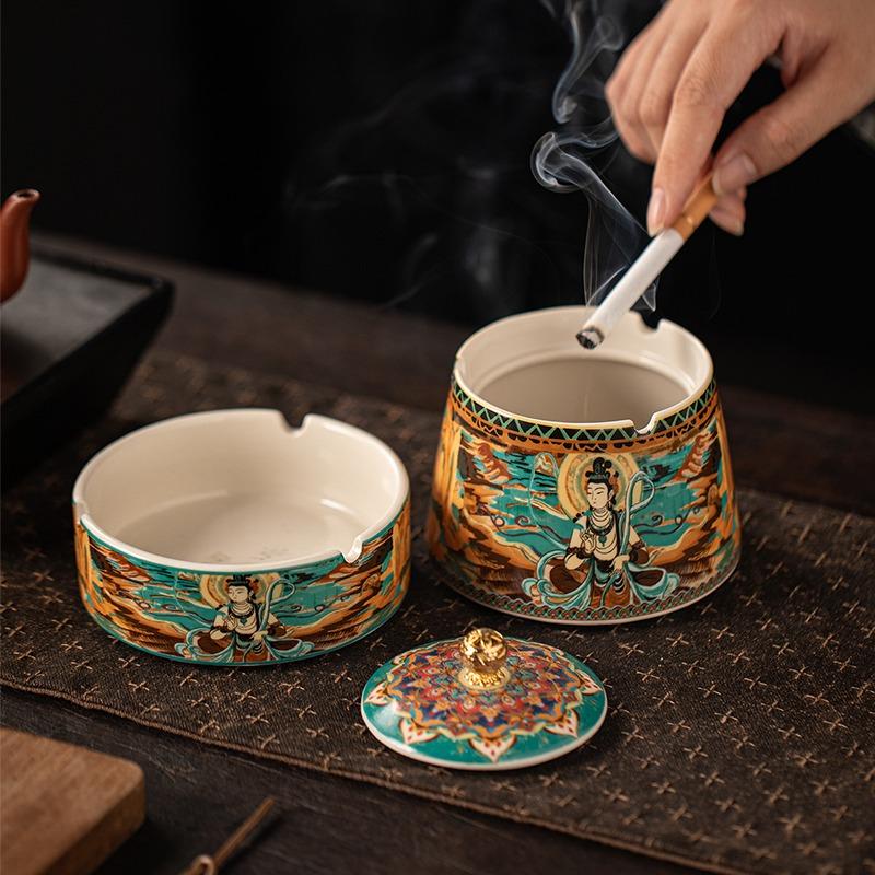 Retro Ceramic Ashtray Round Home Office Ashtray with Cover Anti-ash Flying Living Room Decorative Ornaments Home Ashtray