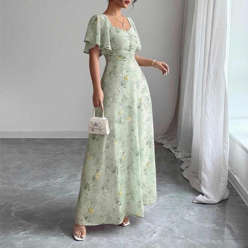 1116 summer new women's clothing, elegant temperament slim floral lotus leaf sleeve dress