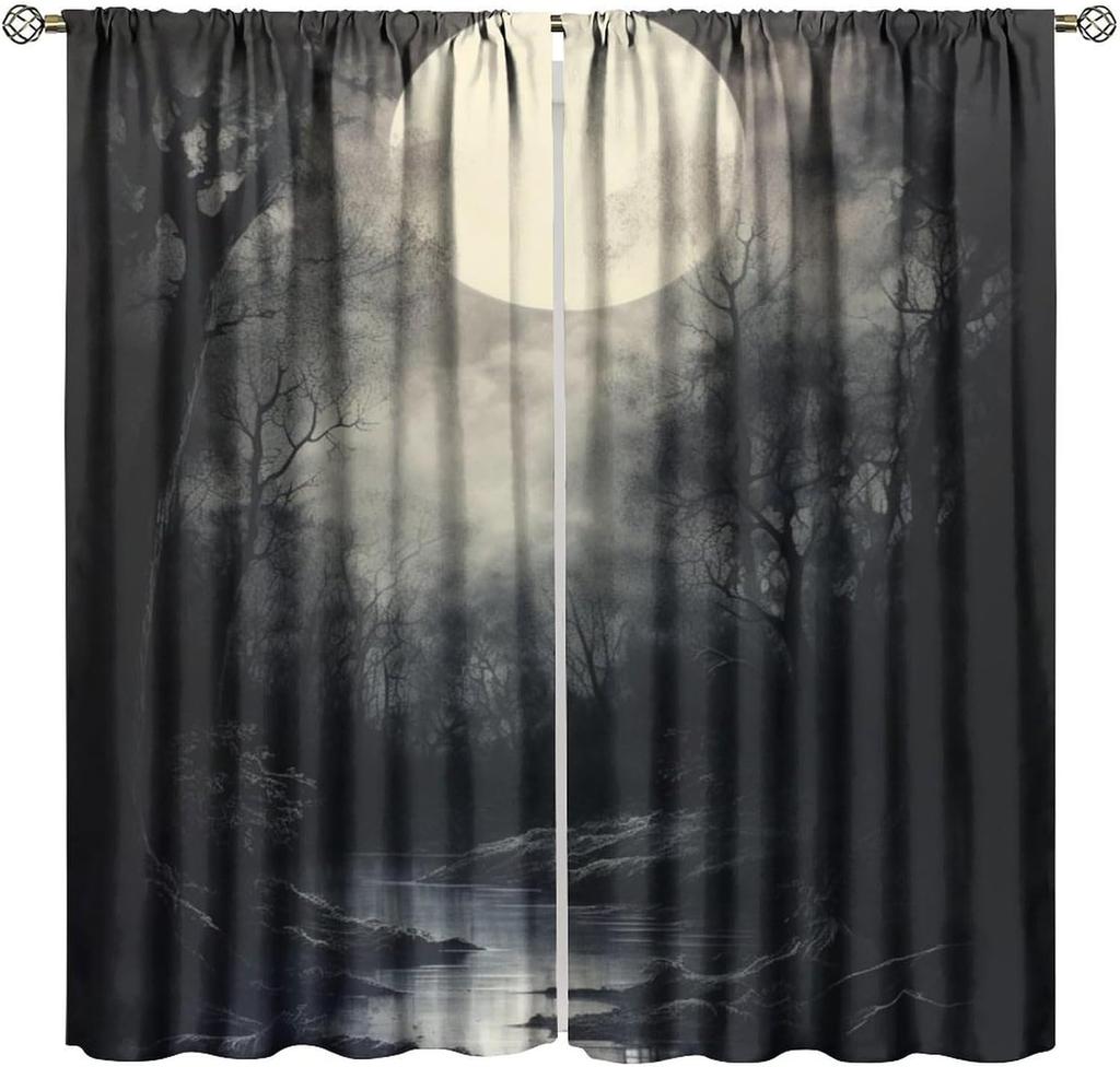 Gothic Dark Misty Forest Curtains, Mysterious Horror Foggy Dim Dead Jungle Under Strange Bright Moon,Thermal Insulation Blackout