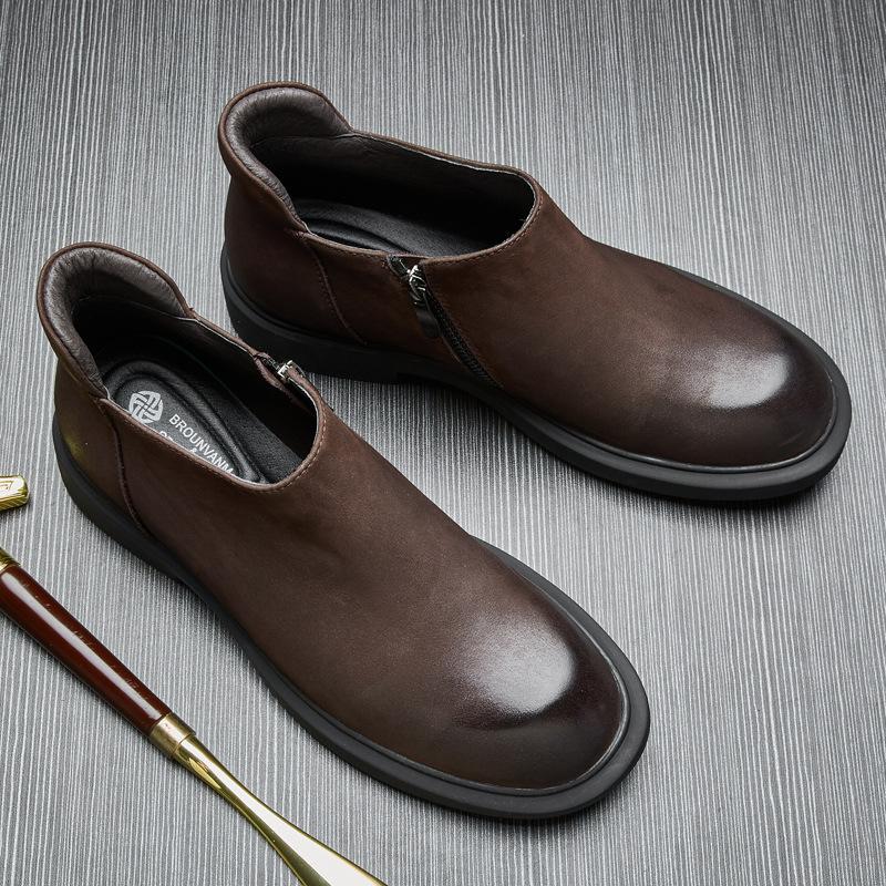 Soft-soled Retro Chelsea Boots Cowhide Martin Boots Men's Medium Help British Versatile Leather Tooling Boots Men's Short Boots