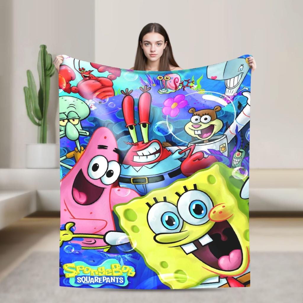 Cartoon Animated Blanket Cover SpongeBob SquarePants Fleece Throw Blankets Bedding Couch Portable Ultra-Soft Warm Bedspreads