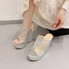 New Gold/Silver Wedges Slippers for Women Platform Peep Toe Mesh Breathable Comfor 14Cm Thick Heels Sandals Outdoor Beach Shoes