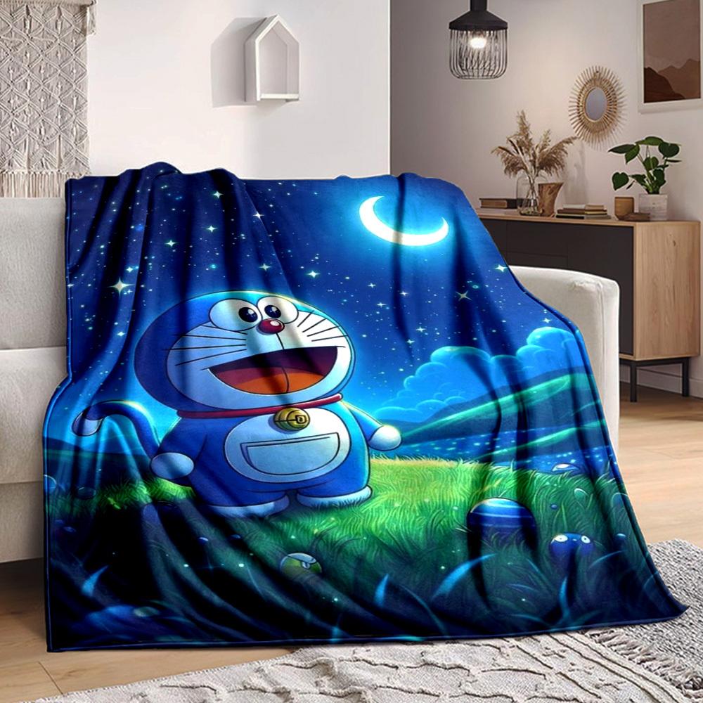 1PC Doraemon, Night Scene Blanket Lightweight Flannel Throw Blanket for Sofa, Bed, Travel, Camping, Livingroom, Office, Couch