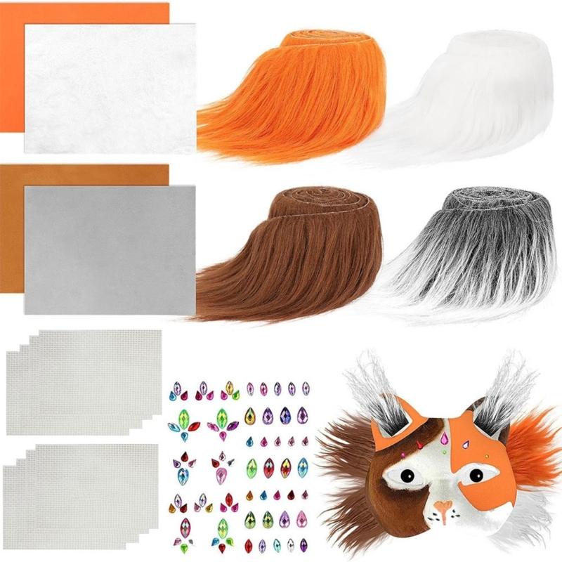 Маска Кошки Лисы с Мехом Сетками для Глаз Наклейкой с Самоцветом, Маска для Раскрашивания для Терианов, Набор для Животной Маски для Рукоделия, Костюмная Маска