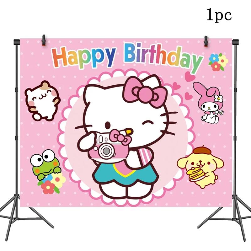 Хелло Китти Sanrio Украшение на День Рождения Товары для вечеринки Кавайные Шары Одноразовая Тарелка Стакан Мультяшный Флажок Аксессуар для Украшения Вечеринки