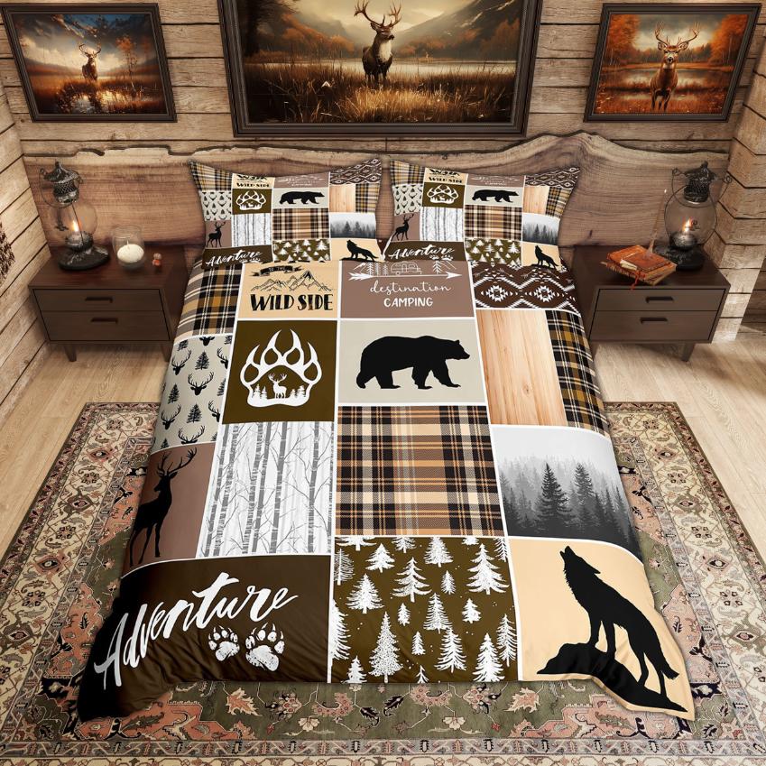 Comforter Homewish Rustic Deer Bear Woodland Animal Checkered Set Farmhouse Lodge Cabin Bedding Set