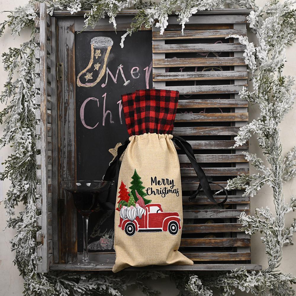 Charming Forest Santa Car Wine Bottle Bag Stylish Checkered Fabric Christmas Decoration