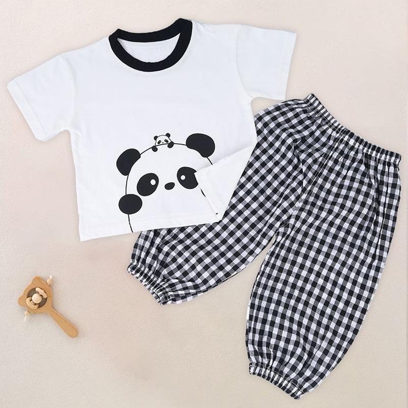 Girls Short-Sleeve Sets Boys Summer Bow T-shirt+Plaid Pants Suits Children Cartoon Cotton Top 1-5Y Toddler Casual Clothing 2Pcs