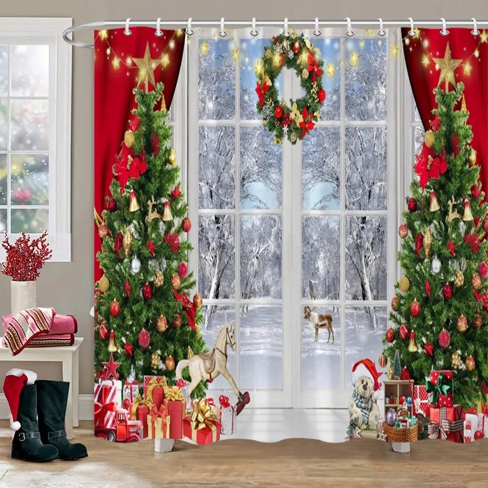 Рождественская вечеринка Занавески для душа Камин Рождественская елка и подарки Снеговик Снежная сцена Моющаяся занавеска для душа Арт Декор для ванной