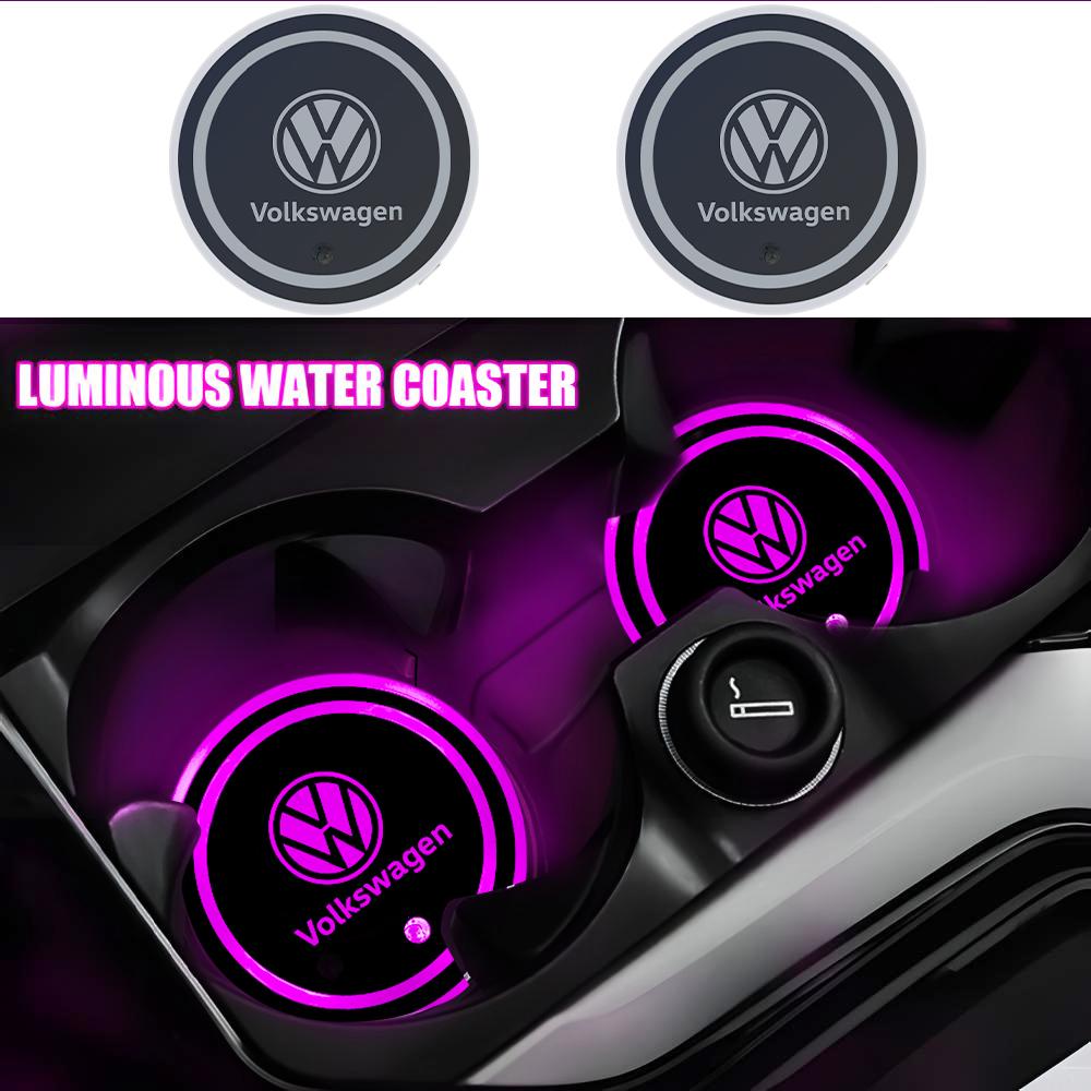 2pcs Car Coaster LED Water Cup Glow Coaster Atmosphere Light Non-slip Mat for Volkswagen VW GTI Jetta RLine CC Golf Passat Polo