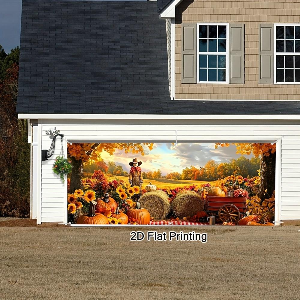 1 piece vintage autumn harvest scarecrow and haystack garage door flag -2D flat printing large fabric cover
