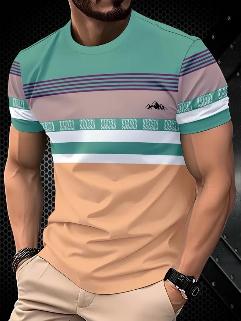 Мужская футболка оверсайз с принтом в полоску, круглым вырезом и короткими рукавами