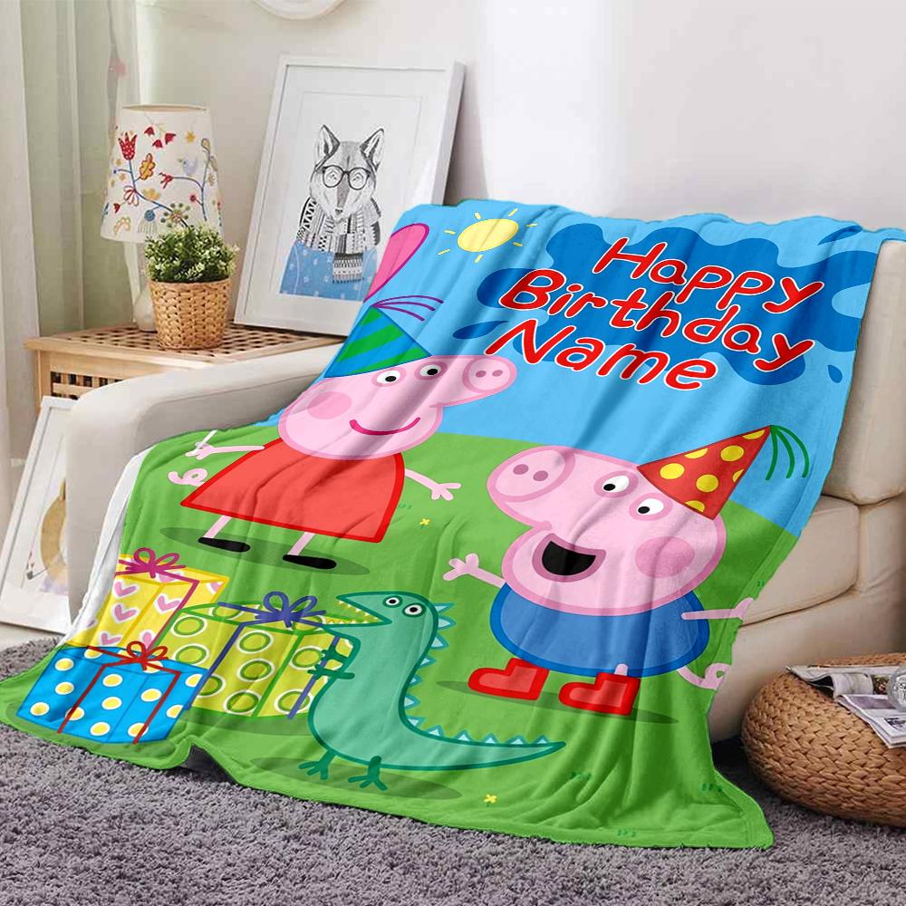 Custom Name Peppa Pig Theme Printed Blanket - Perfect for Couch, Bed, Travel & Outdoor Use | Machine Washable, Cozy & Durable.