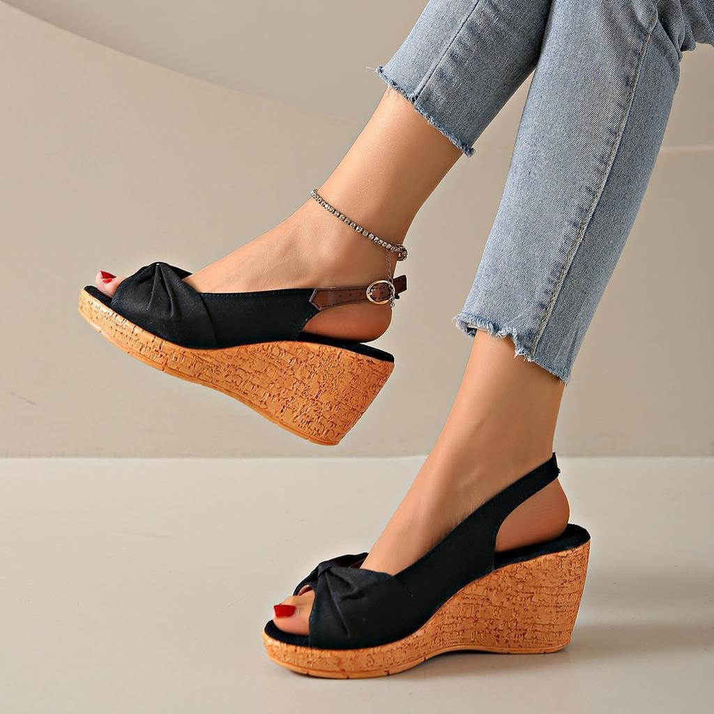 Summer New Wedge Heel Platform Sandals Solid Color Fish Mouth Suede Sweet Bow Sandals