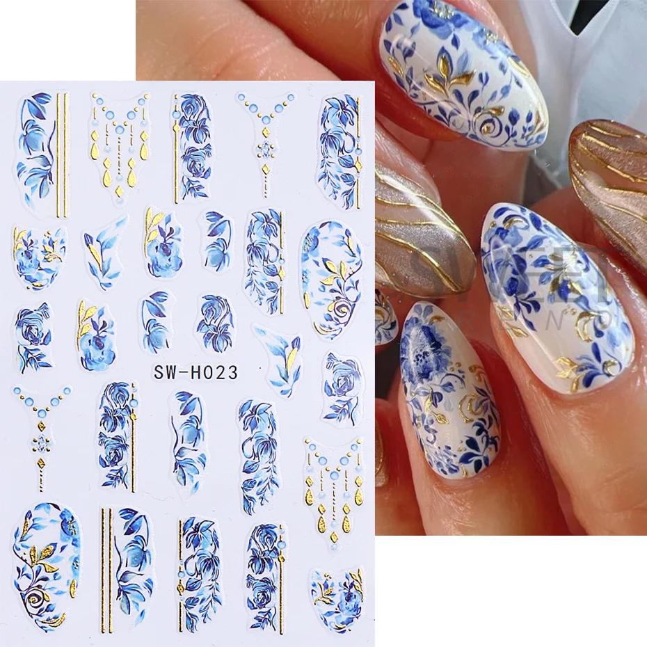 5pcs Metallic Gold Line Flower Nail Stickers 3D Bronzing Border Petals Sakura Leaf Nail Decals Slider DIY Elegant Manicure Decor