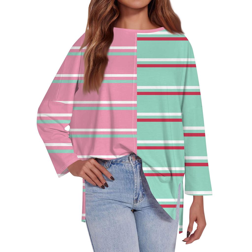 Женская модная свободная футболка большого размера с круглым вырезом и длинным рукавом, разрезом по бокам, в полоску, с принтом, повседневный топ